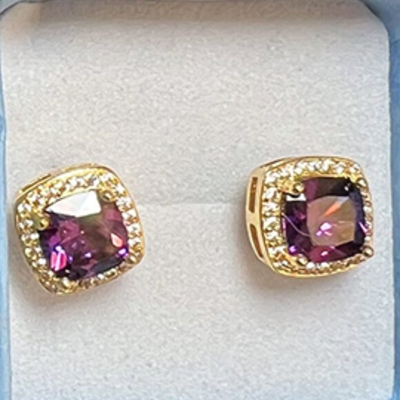 24k YG Plated 4Ct Created Amethyst Halo Princess Cut Stud Earrings - Picture 2 of 4